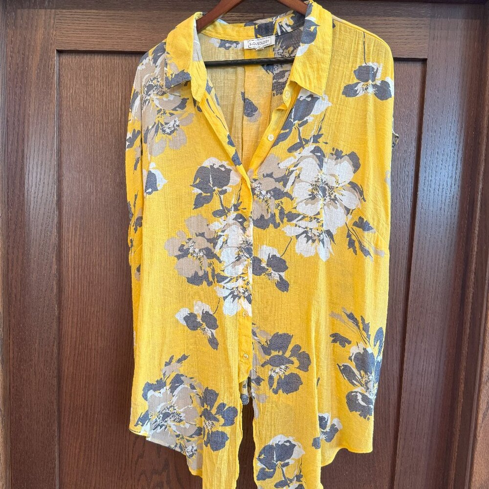 Yellow Button Down Floral Top with Tie Front - Blousology 3X